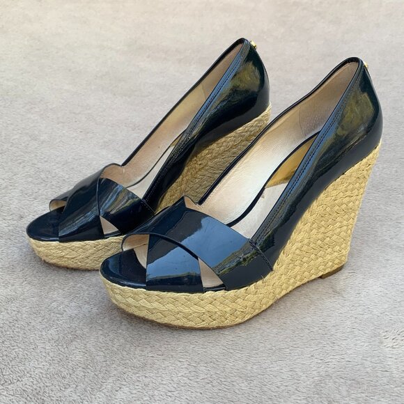 MICHAEL Michael Kors Navy Blue Leather Patent Espadrille Wedges Sz8 - Picture 1 of 16
